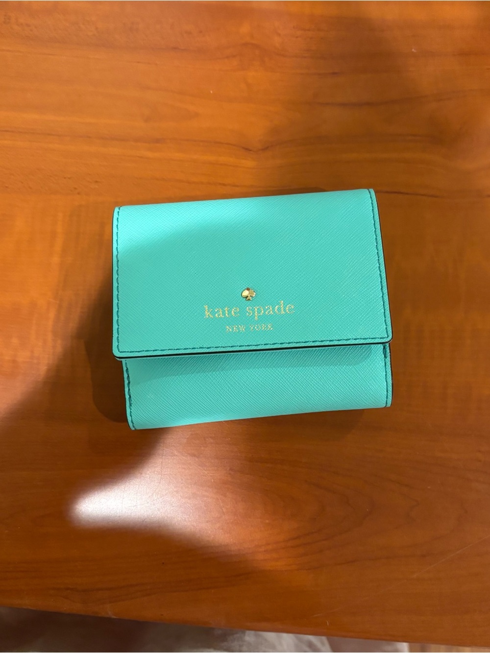 kate spade turquoise teal Tiffany cCompact Saffiano Leather Wallet with Gold nwt